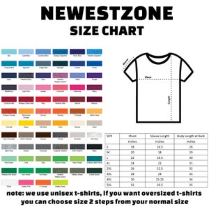 May include: A size chart for unisex t-shirts with measurements in inches for chest, sleeve length, and body length at the back. The chart shows sizes from S to 5XL. The note at the bottom says "note: we use unisex t-shirts, if you want oversized t-shirts you can choose size 2 steps from your normal size."