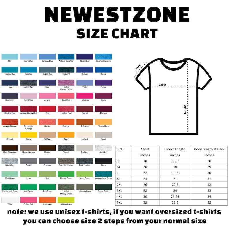 May include: A size chart for unisex t-shirts with measurements in inches for chest, sleeve length, and body length at the back. The chart shows sizes from S to 5XL. The note at the bottom says "note: we use unisex t-shirts, if you want oversized t-shirts you can choose size 2 steps from your normal size."
