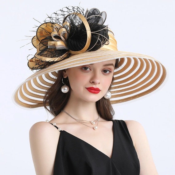 Elegant Women Feather Flower Striped Kentucky Derby Hat 16cm | Etsy