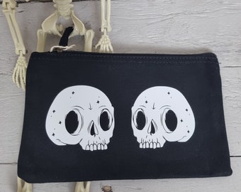 Twin Skulls Small Pencil Case, Goth Skull Lovers Makeup Bag