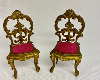 Fabulous Pair of Antique French Ormolu Dollhouse Chairs, 1:12 Scale