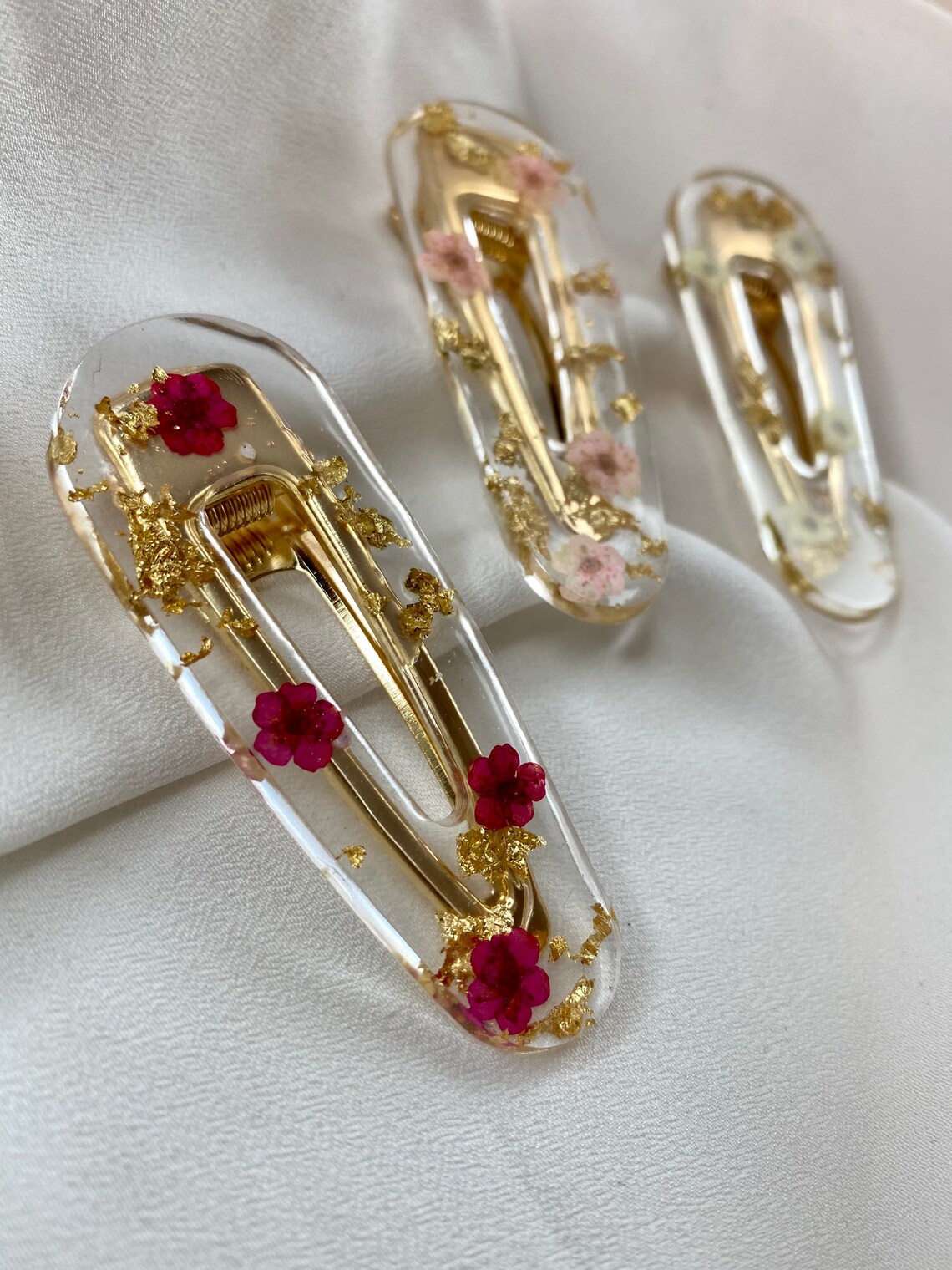 Resin hair clips hairclips gold leaf with flowers influencer Etsy