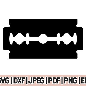 May include: A black and white illustration of a razor blade.