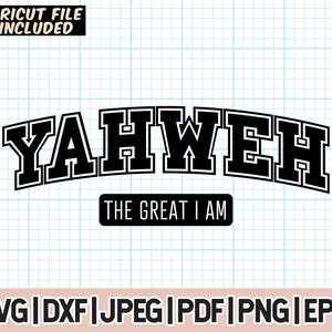 May include: Black and white graphic design with the word "YAHWEH" in a bold, blocky font. The text is arched and has a shadow effect. Below the text is the phrase "THE GREAT I AM".