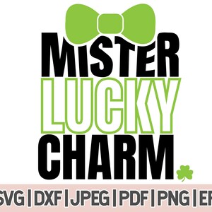 Puede incluir: Diseño gráfico en negro y verde con una pajarita verde y el texto "Mister Lucky Charm".