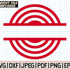 May include: A red graphic design featuring a semi-circular shape with concentric arcs, bisected by a horizontal line. The design includes the text "CRICUT FILE INCLUDED" at the top and file type abbreviations at the bottom.