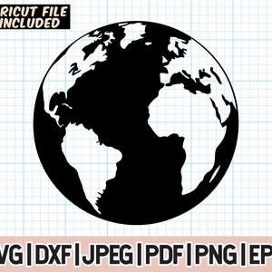 May include: Black and white silhouette of the Earth with continents outlined. The image is on a white grid background.