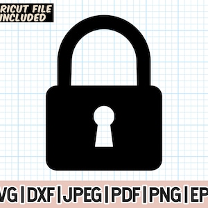 May include: Black padlock with a keyhole in the center.  The padlock is a simple, flat design.