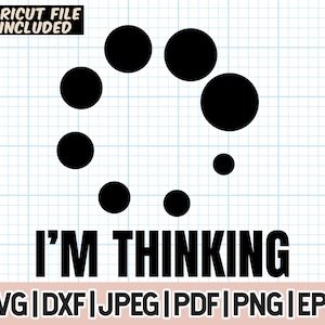 May include: Black and white graphic design with a spinning circle and the text "I'M THINKING".  The design includes the text "SVG|DXF|JPEG|PDF|PNG|EPS" and "CRICUT FILE INCLUDED".