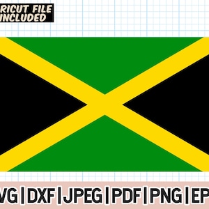 May include: A digital download of a Jamaica flag design in SVG, DXF, JPEG, PDF, PNG, and EPS formats. The flag features a green, yellow, and black colour scheme with a diagonal cross.
