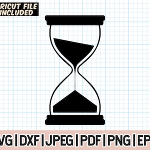 May include: Black and white silhouette of an hourglass with sand flowing from the top to the bottom bulb.
