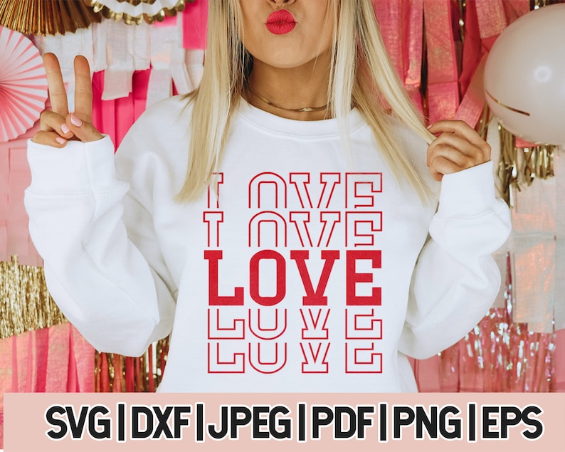 May include: White sweatshirt with the word "LOVE" repeated in red outlined letters, stacked vertically.