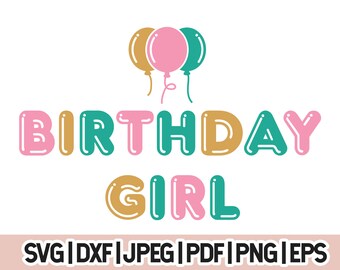 Può includere: Testo "Birthday Girl" in lettere di palloncini colorati con tre palloncini sullo sfondo, due dorati e uno rosa.