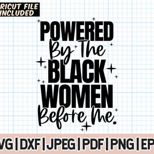Op de afbeelding: Zwart-wit grafisch tekstontwerp met de tekst "Powered by the Black Women Before Me." De tekst is gestyled met een vet lettertype en bevat plustekens.