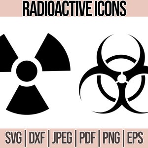 May include: Two black and white radioactive hazard symbols. The first symbol is a traditional radiation symbol with three blades. The second symbol is a biohazard symbol with three circles.