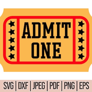 Pode incluir: Um bilhete amarelo com bordas vermelhas e pretas. O bilhete diz "ADMIT ONE" em letras pretas. O bilhete tem cinco estrelas pretas de cada lado.