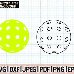 May include: A black and white outline of a yellow pickleball with holes. The pickleball is a round ball with a textured surface.