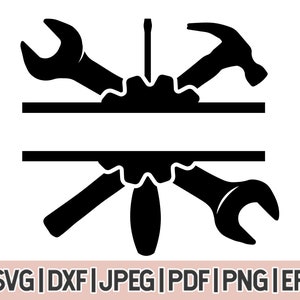 Może przedstawiać: Czarno-biała sylwetka klucza, młotka i śrubokręta tworząca podzielony monogram. Projekt idealnie nadaje się na prezent z motywem majsterkowania lub remontu.