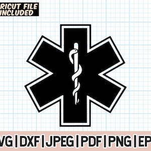 以下が含まれることがあります： 中央に蛇と杖のある白黒の生命の星シンボル。このシンボルは、救急医療サービスでよく使用されます。