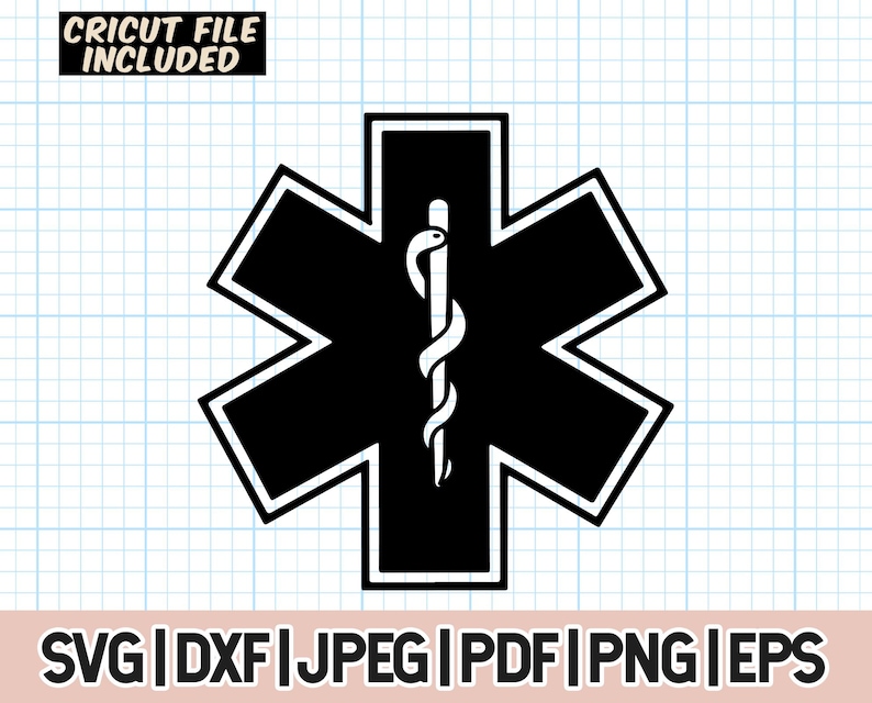 May include: Black and white Star of Life symbol with a snake and staff in the center. The symbol is often used by emergency medical services.