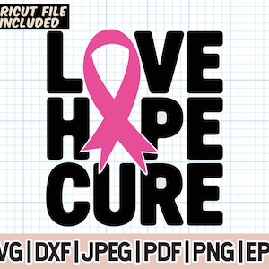 May include: Black and white graphic design with the words "LOVE HOPE CURE" in bold letters. A pink ribbon is centered in the design.