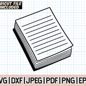 May include: Black and white line art illustration of a stack of papers or a notebook. The papers are stacked on top of each other and have lines on them. The illustration is on a white background with a grid pattern.