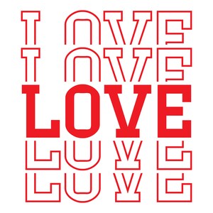 May include: Red graphic design with the word "LOVE" repeated in different sizes and orientations. The word "LOVE" is in bold, red font.