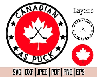 May include: A black and white graphic design of a Canadian flag with hockey sticks crossed over it. The text "Canadian as Puck" is written in a circle around the flag. The graphic is layered with a separate image of the Canadian flag and a separate image of the hockey sticks.