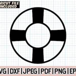 May include: Black and white silhouette of a life preserver or life ring. The life preserver is a circle with a thick black band across the center.
