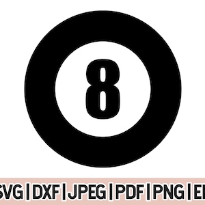 Puede incluir: Ilustración en blanco y negro de una bola de billar con el número 8 en el centro.