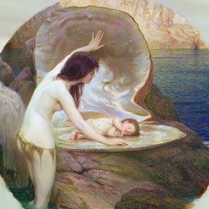 A Water Baby, Herbert James Draper, High Quality Fine Art Print, Art Nouveau Antique Painting, Mermaid with Baby in Seashell, Nursery Art