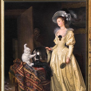 Rococo Crazy Cat Painting, White Cat Antique Art, High Quality Fine Art ...