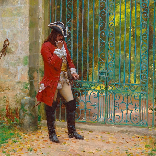 Cavalier Man with Trichorn Hat, Musketeer, The Appointed Time, Edmund Blair Leighton, High Quality Fine Art Print, Man with Red Coat, 1600s