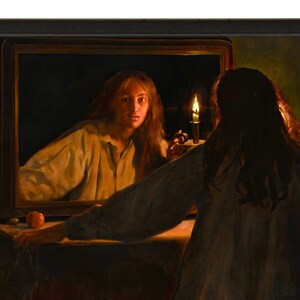 May include: A painting of a woman looking into a mirror, holding a lit candle. The woman is wearing a white nightgown and has long brown hair. The mirror is reflecting her image, and the room is dimly lit by the candle.