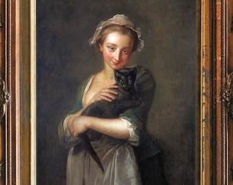 French Peasant Woman with Black Cat, 18th Century Baroque Painting, Fine Art Print, Antiique Black Cat Painting, Girl and Black Cat Art