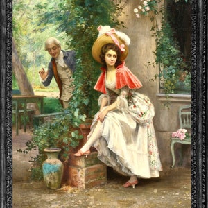 Funny Belle Epoque Victorian Art with Coy Woman and Creeper Man in Powdered Wig, High Quality Fine Art Print, A Finely Turned Ankle