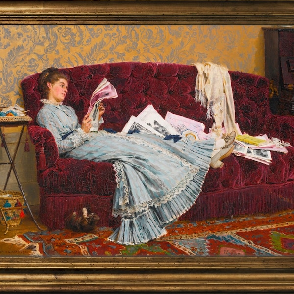 Antique Cracked Painting, Woman Laying on Couch Reading, High Quality Art Print, Sunday Afternoon, Edwardian Woman, Kitten, Knitting, Books