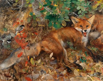 Foxes in the Forest, Vintage Antique Fox Painting, Woodland Animals Art, Foxes and Birds, High Quality Art Print, Chickadees, Forest Animals