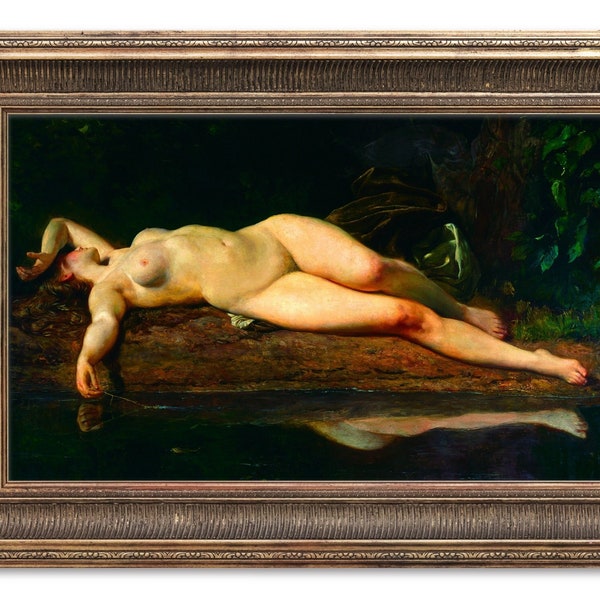 Enchanting Nude Woman Resting in the Forest, Antique Nude Painting, Dark Sensual Art, Fine Art Print, Sleeping Nude Woman, Dark Forest