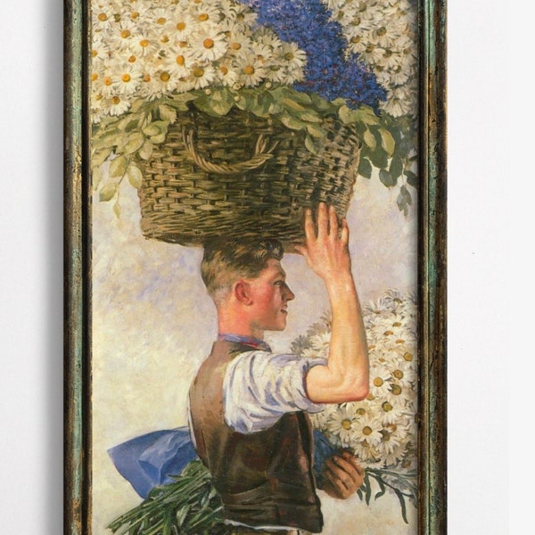 Young Man Carrying Daisies, Fine Art Print, 1930's Painting, William Bruce Ellis Ranken, Vintage Young Man with Blue and White Flowers