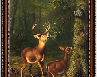 Vintage Woodland Painting with Deer and Squirrel, Buck and Doe, Adirondacks Forest, High Quality Art Print, Antique Forest Animals Art