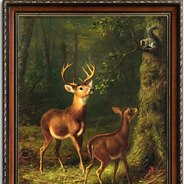 Vintage Woodland Painting with Deer and Squirrel, Buck and Doe, Adirondacks Forest, High Quality Art Print, Antique Forest Animals Art