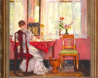 Edwardian Lady in White Dress, Sunny Impressionist Painting, Fine Art Print, Pink Red White, Antique Painting, Woman Writing, Bright Colors