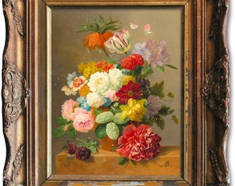 Dutch Floral Still Life with Roses, Peonies, Spring Bulbs, Vibrant Colors, High Quality Art Print,  Arnoldus Bloemers, Maximalist Art