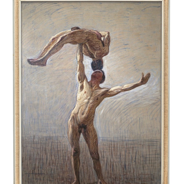 Male Nude Art, The Athletes, Fine Art Print, Eugene Jansson, Vintage Nude Male Art, Two Men, Soft Colors Beige Blue, Tasteful Nude Art