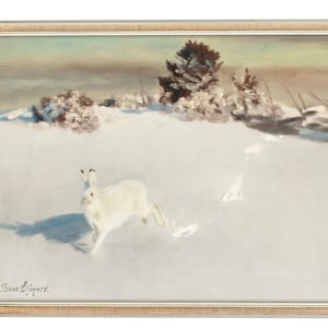 White Rabbit in the Snow, Antique Oil Painting, White Bunny, Bruno Liljefors, Wild Rabbit, High Quality Art Print, Winter Landscape, Hare