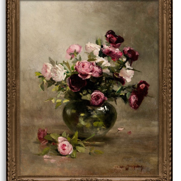 Victorian Purple and Pink Roses Still Life, Antique Flower Painting, Bouquet of Roses, Fine Art Print, Eva Gonzales, Elegant Floral Art