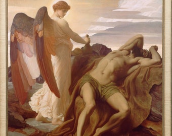 Elijah in the Wilderness, Semi-nude Man and Angel, Pre-Raphaelite, Frederic Leighton, High Quality Art Print, Art Nouveau, Sensual Male Art