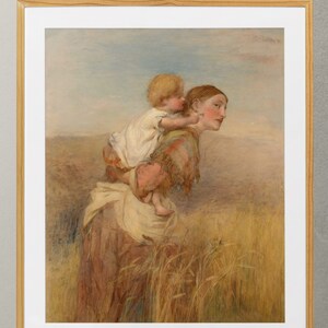 以下が含まれることがあります： 女性が子供を背負って野原を歩いている絵画の額入りプリント。このアートワークは、柔らかな色使いと牧歌的な風景が特徴で、背景には薄い青色の空が描かれています。