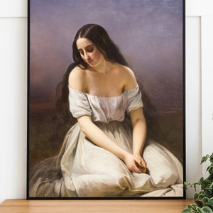 Antique French Painting, Lovely Brunette Woman with Long Hair, Belle Epoque Art, High Quality Fine Art Print, Aimee Brune-Pages, Purple